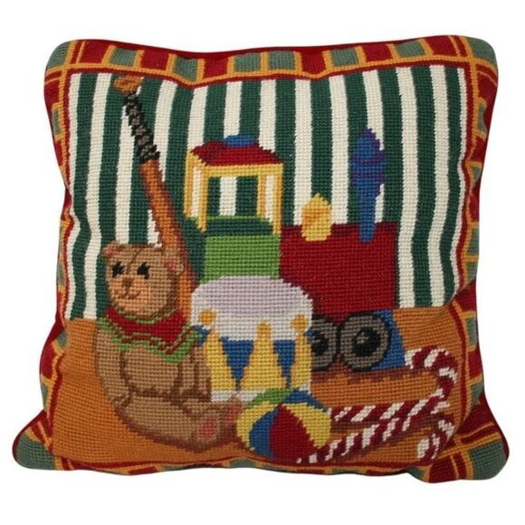 VTG Needlepoint Holiday Christmas Pillow Velvet Back Retro Classic Toys 13x13 - Picture 1 of 6